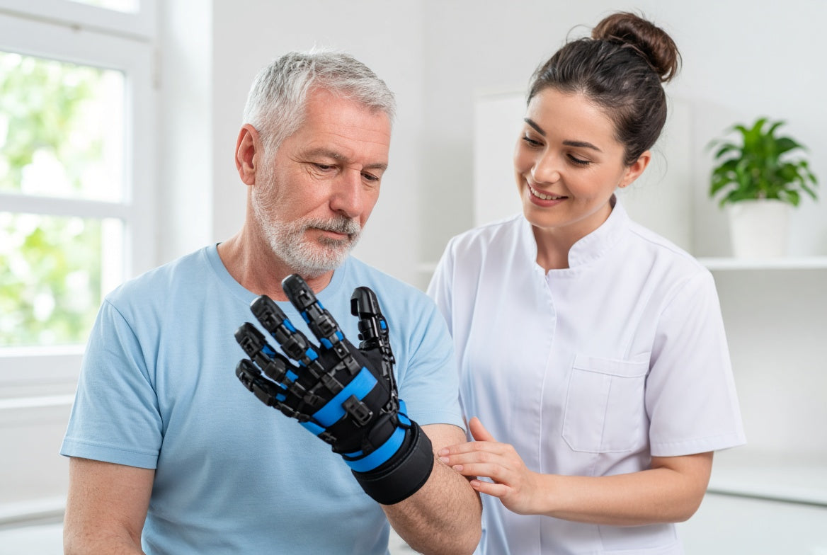 Patient using the LyfeGrip rehabilitation glove with a clinician