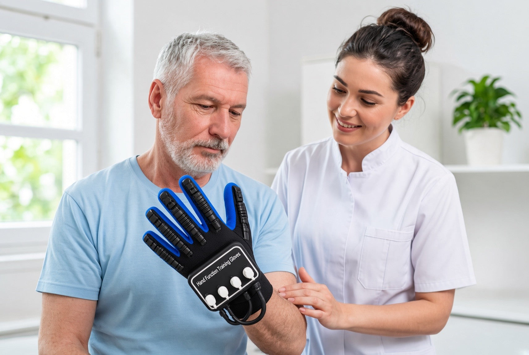 Patient using the LyfeGrip rehabilitation glove with a clinician